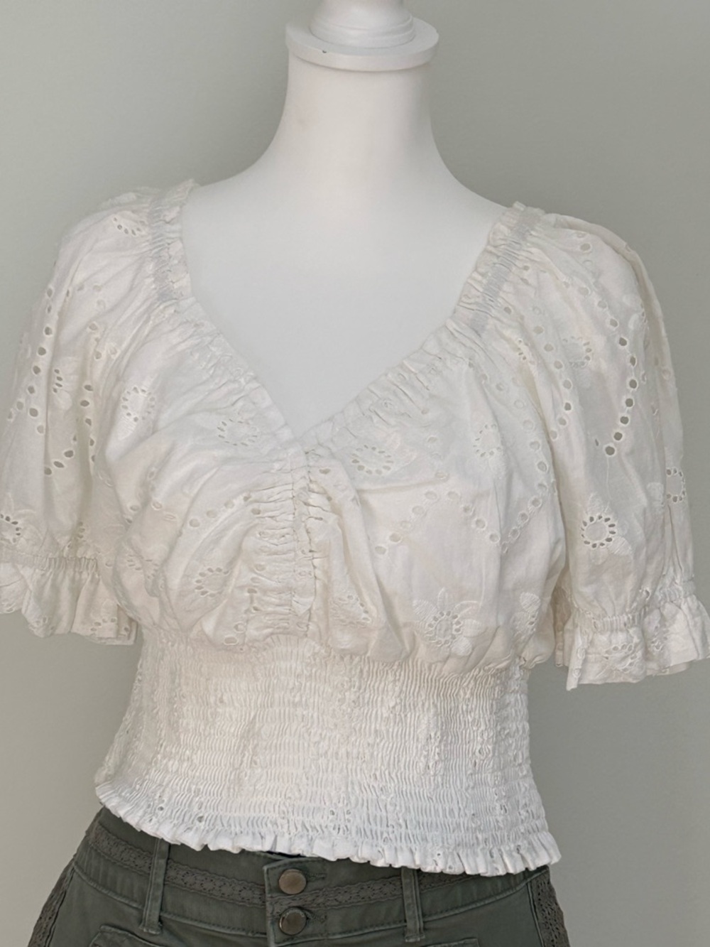 White Eyelet Smocked Short Sleeve COTTON Peasant Top L